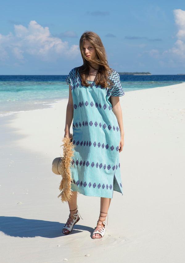 pippa holt Kaftan No.35 Single panel midi kaftan in aqua and white stripe with navy design