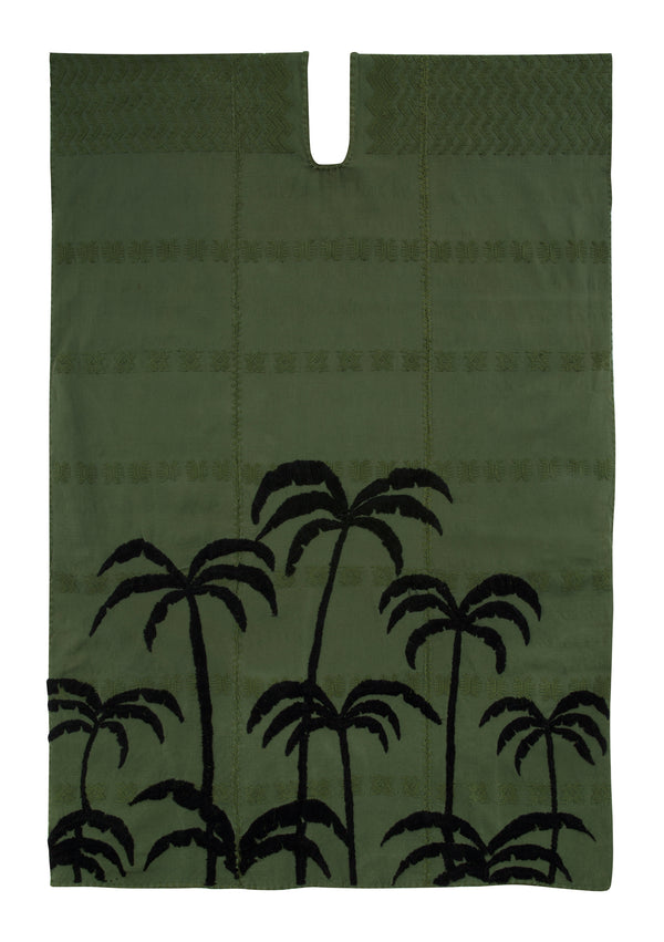Pippa Holt Kaftan No.350 Three Panel Midi Kaftan In Khaki With Embroidered Black Palm Tree