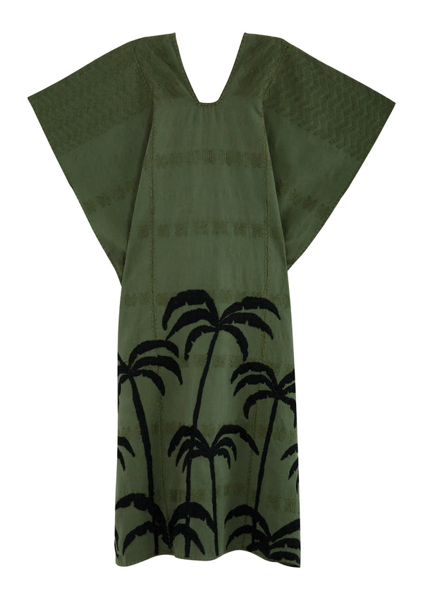 pippa holt Kaftan No.350 Three panel midi kaftan in khaki with embroidered black palm tree