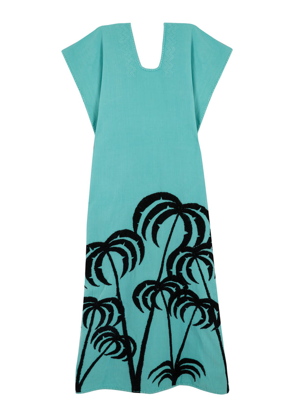 pippa holt Kaftan No.353 Single panel midi kaftan in mint with embroidered black palm tree