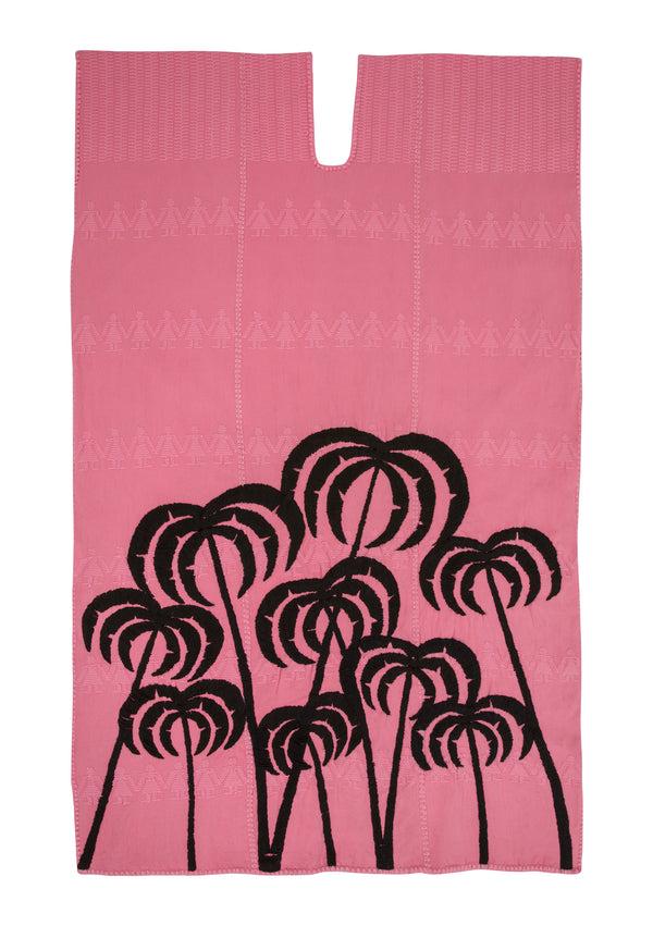 Pippa Holt Kaftan No.357 Three Panel Midi Kaftan In Pink With Embroidered Black Palm Tree