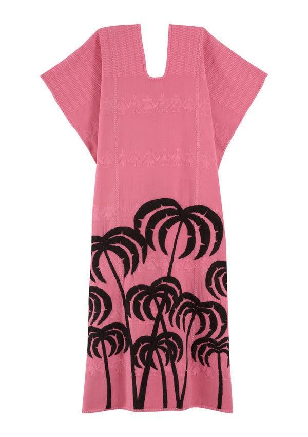 Pippa Holt Kaftan No.357 Three Panel Midi Kaftan In Pink With Embroidered Black Palm Tree