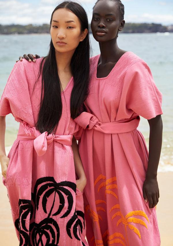 pippa holt Kaftan No.357 Three panel midi kaftan in pink with embroidered black palm tree