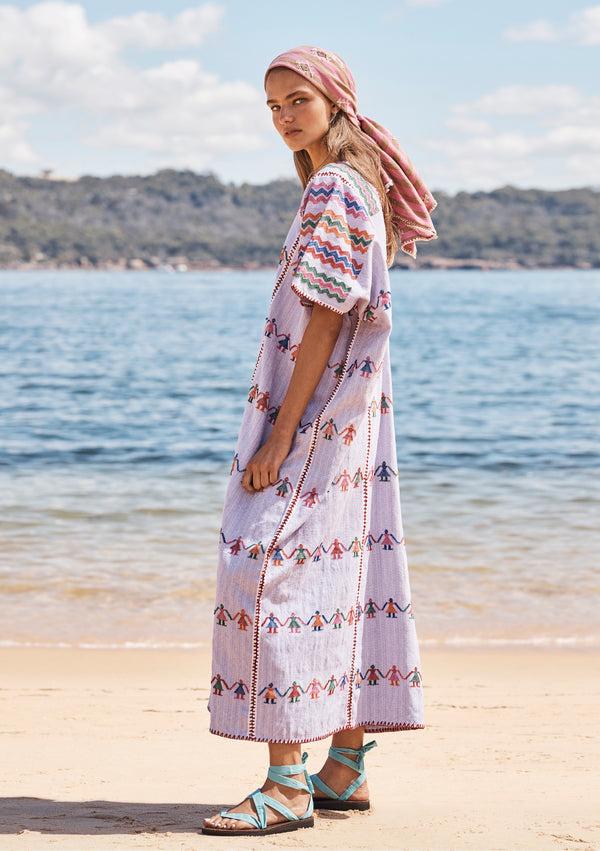 pippa holt Kaftan No.36 Three panel maxi kaftan in lilac with multi coloured 'people' design