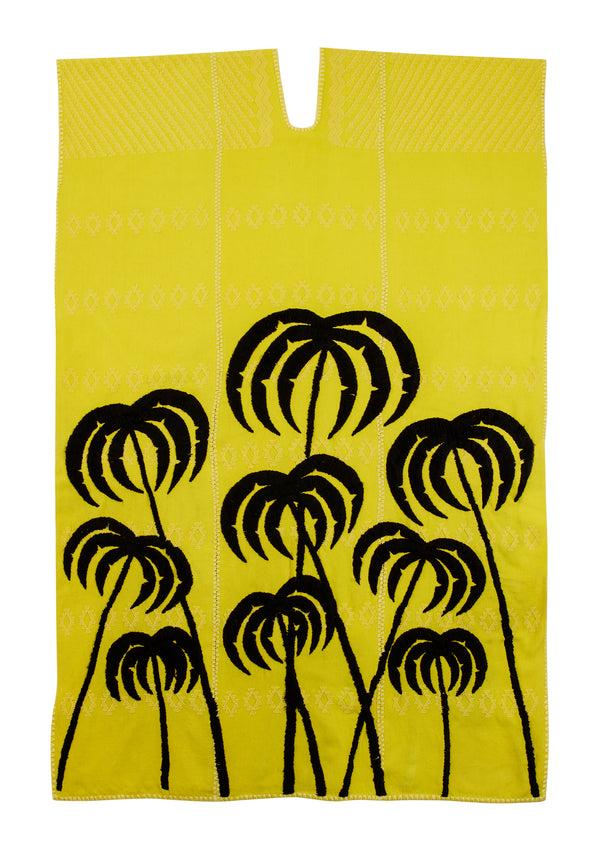 Pippa Holt Kaftan No.363 Three Panel Midi Kaftan In Yellow With Embroidered Black Palm Tree