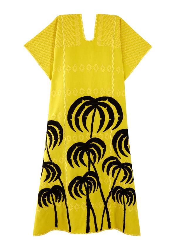pippa holt Kaftan No.363 Three panel midi kaftan in yellow with embroidered black palm tree