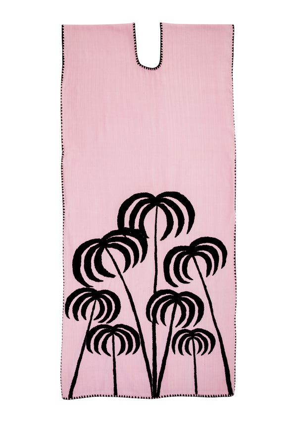 Pippa Holt Kaftan No.364 Single Panel Midi Kaftan In Pastel Pink With Embroidered Black Palm Tree