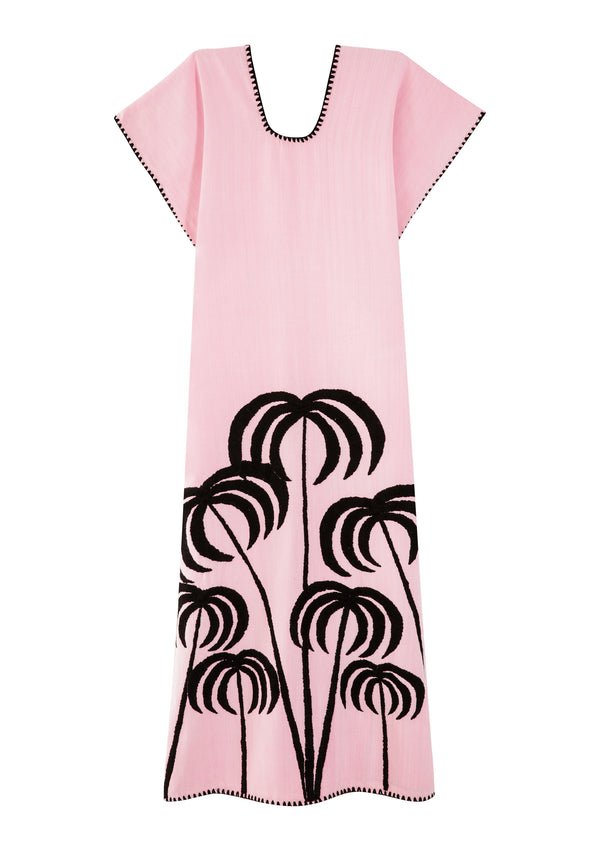pippa holt Kaftan No.364 Single panel midi kaftan in pastel pink with embroidered black palm tree