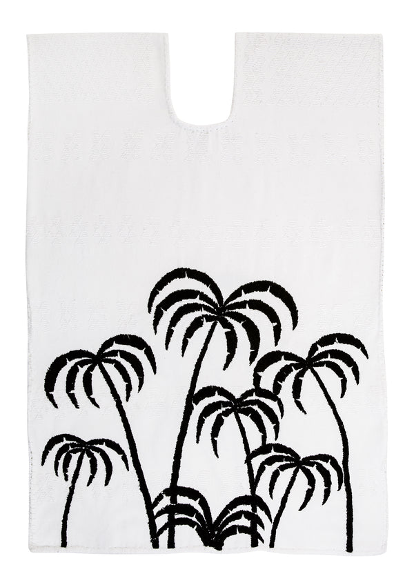 Pippa Holt Kaftan No.365 Single Panel Mini Kaftan In White With Embroidered Black Palm Tree