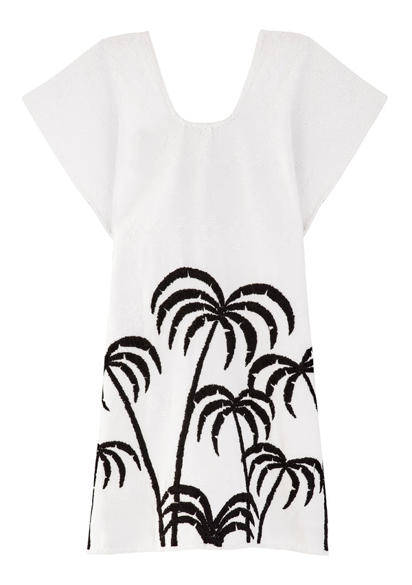 pippa holt Kaftan No.365 Single panel mini kaftan in white with embroidered black palm tree