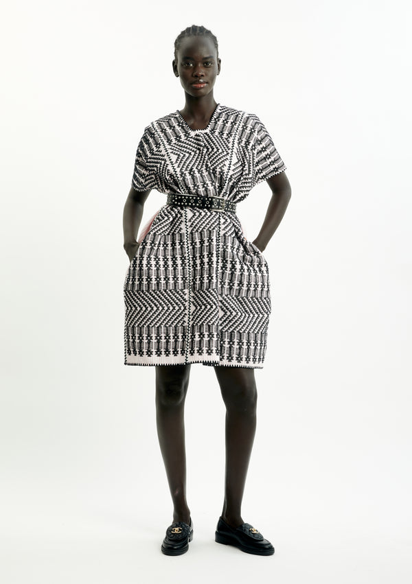 pippa holt Kaftan No.367 Three panel mini kaftan in blush pink and white stripe with black design