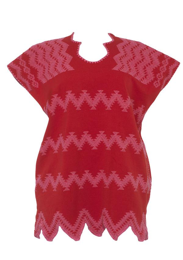 Pippa Holt Kaftan No.368 Single Panel Mini Kaftan In Red With Pink Zig Zag Design