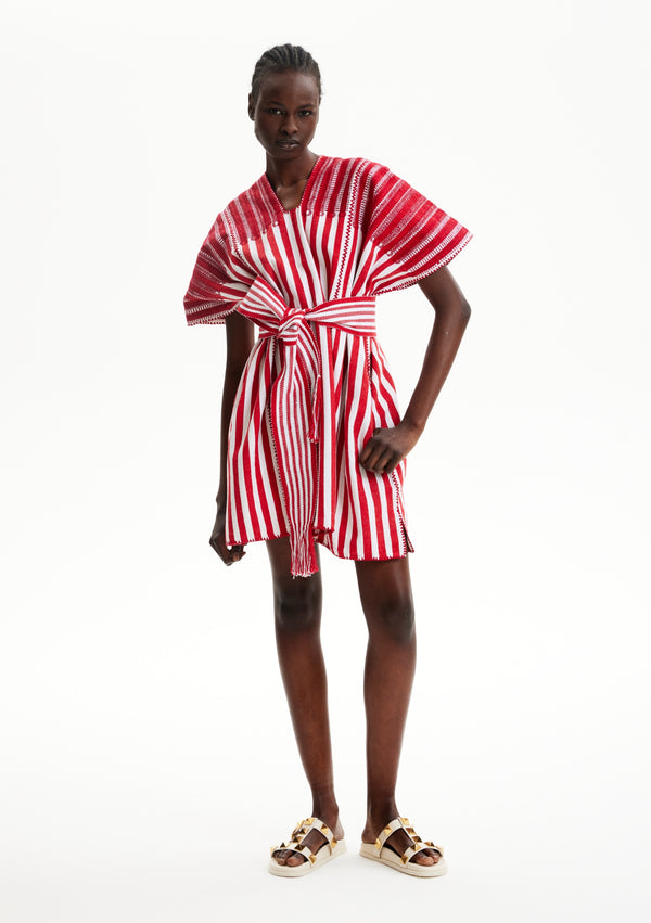 pippa holt Kaftan No.369 Three panel mini kaftan in red and white stripes with red motif design
