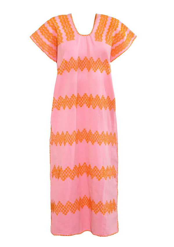 Pippa Holt Kaftan No.370 Single Panel Midi Kaftan In Candy Pink With Orange Design