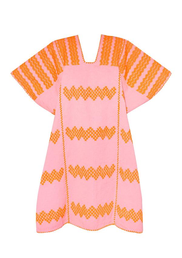 Pippa Holt Kaftan No.371 Three Panel Mini Kaftan In Candy Pink With Orange Design