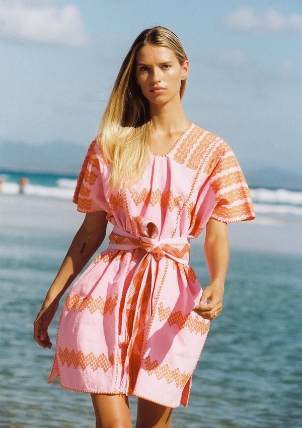 pippa holt Kaftan No.371 Three panel mini kaftan in candy pink with orange design