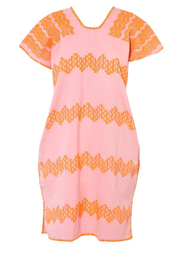 Pippa Holt Kaftan No.372 Single Panel Mini Kaftan In Candy Pink With Orange Design