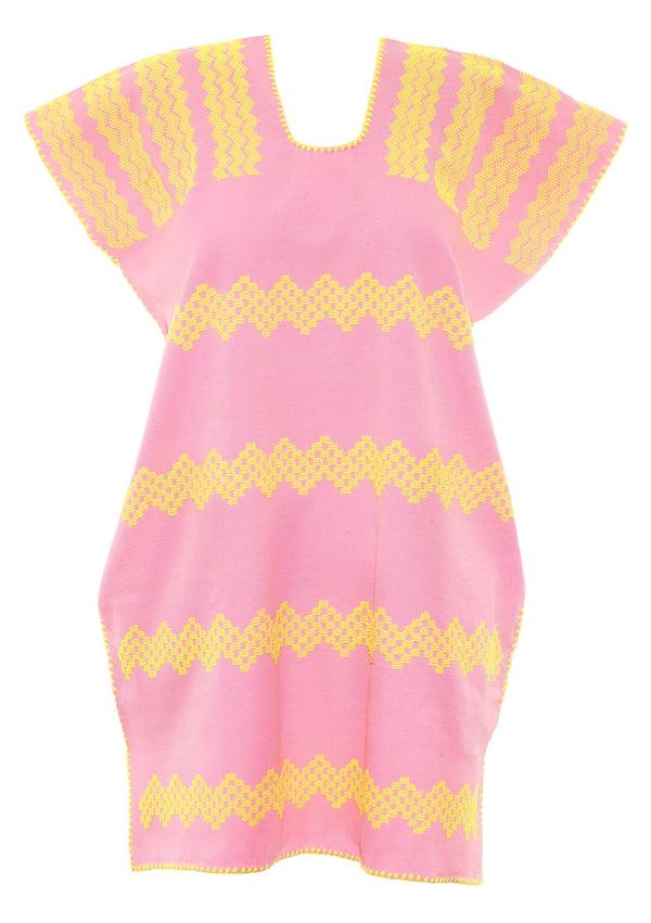 Pippa Holt Kaftan No.373 Single Panel Mini Kaftan In Pastel Pink And Neon Yellow Design