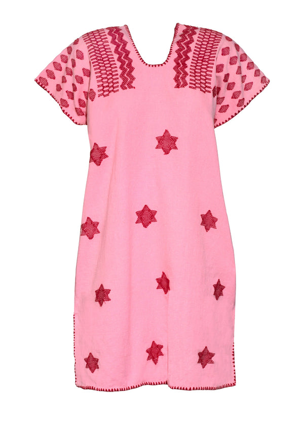 Pippa Holt Kaftan No.375 Single Panel Mini Kaftan In Pale Pink With Red Star Design