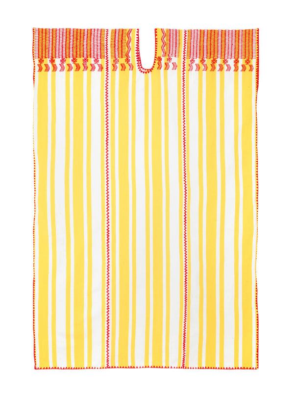 Pippa Holt Kaftan No.376 Three Panel Midi Kaftan In White And Yellow Stripes With Red Shoulder Design