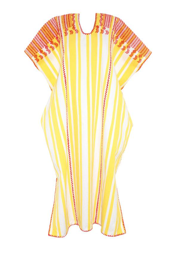 Pippa Holt Kaftan No.376 Three Panel Midi Kaftan In White And Yellow Stripes With Red Shoulder Design