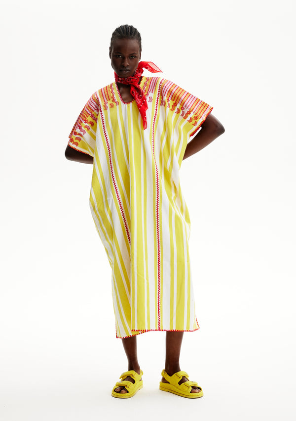 pippa holt Kaftan No.376 Three panel midi kaftan in white and yellow stripes with red shoulder design