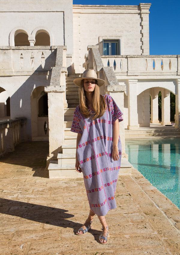 pippa holt Kaftan No.38 Three panel midi kaftan in purple and white stripe with multicoloured design
