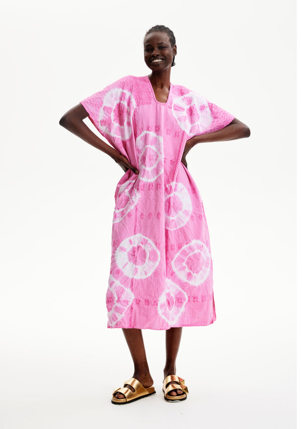 pippa holt Kaftan No.381 Three panel midi kaftan in pink and white tie dye design