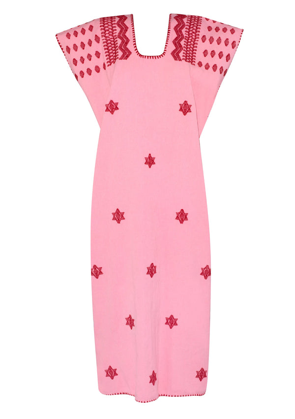 Pippa Holt Kaftan No.382 Single Panel Midi Kaftan In Pale Pink With Red Star Design