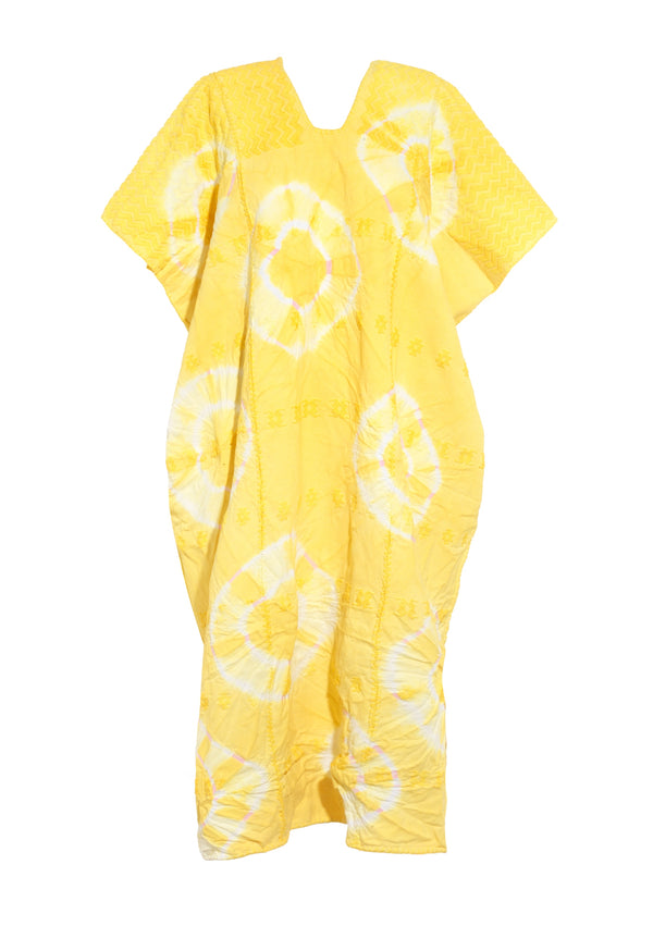 Pippa Holt Kaftan No.384 Three Panel Midi Kaftan In Yellow And White Tie Dye Design