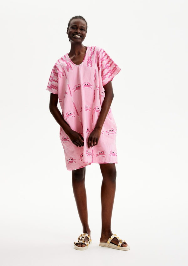 pippa holt Kaftan No.388 Three panel mini kaftan in pink with pink and white crab design