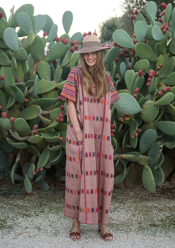 pippa holt Kaftan No.39 Three panel maxi kaftan in terracotta with multicoloured design