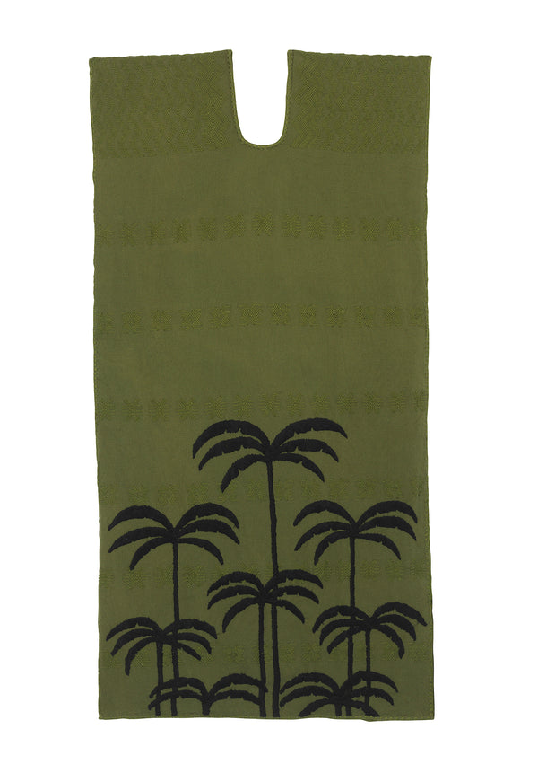 Pippa Holt Kaftan No.391 Single Panel Midi Kaftan In Khaki With Embroidered Black Palm Tree