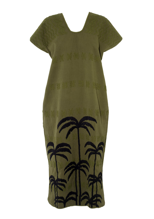 pippa holt Kaftan No.391 Single panel midi kaftan in khaki with embroidered black palm tree