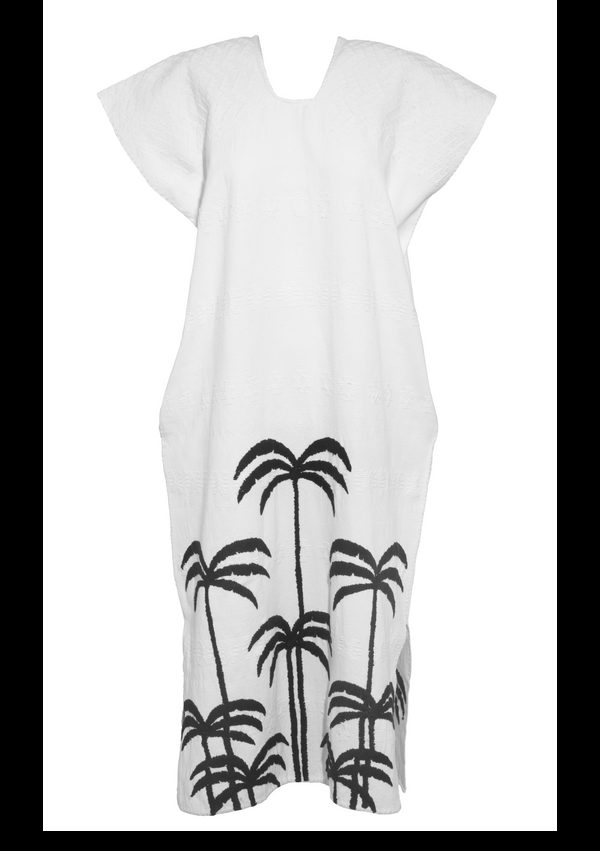 Pippa Holt Kaftan No.392 Single Panel Midi Kaftan In White With Embroidered Black Palm Tree