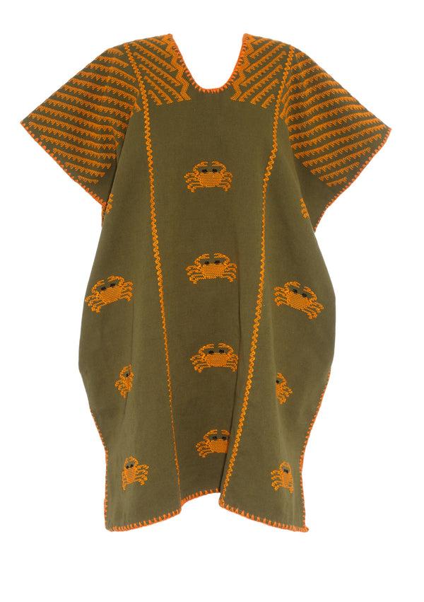 Pippa Holt Kaftan No.397 Three Panel Mini Kaftan In Khaki With Orange Crab Design