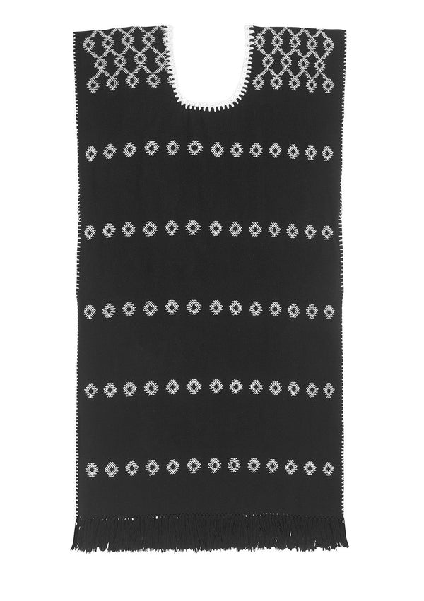 Pippa Holt Kaftan No.4 Single Panel Midi Kaftan In Black With Fringed Hem And White Design