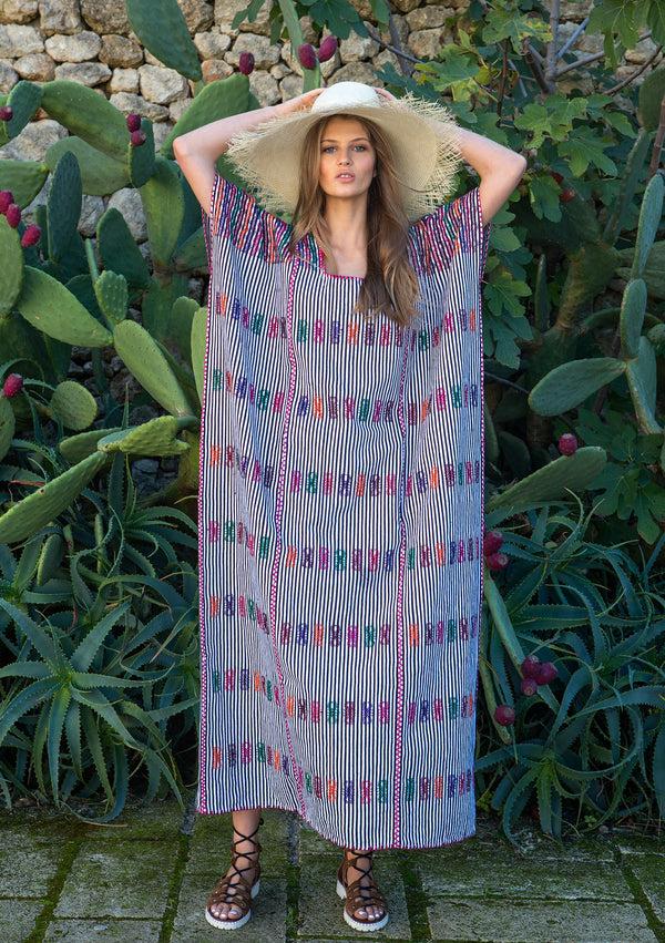 pippa holt Kaftan No.40 Three panel maxi kaftan in black and white stripe with multicoloured design