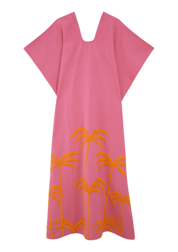 Pippa Holt Kaftan No.400 Three Panel Midi Kaftan In Pink With Embroidered Orange Palm Tree