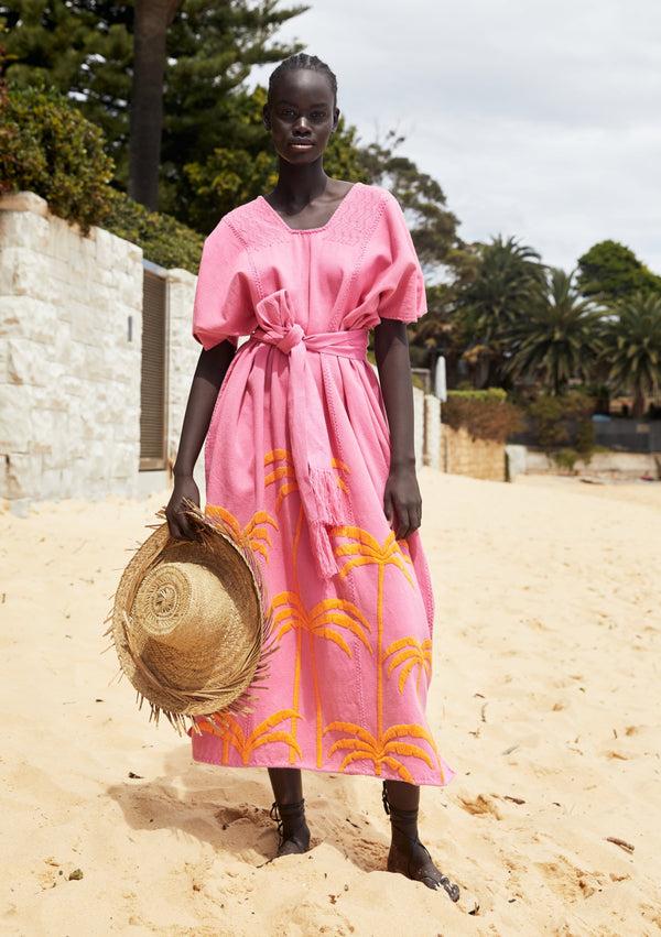Pippa Holt Kaftan No.400 Three Panel Midi Kaftan In Pink With Embroidered Orange Palm Tree
