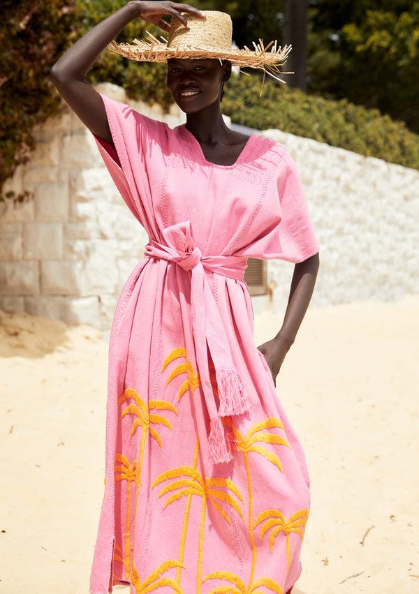 pippa holt Kaftan No.400 Three panel midi kaftan in pink with embroidered orange palm tree