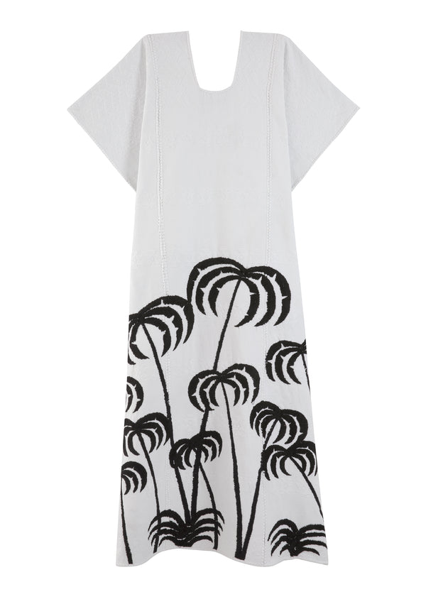 Pippa Holt Kaftan No.402 Three Panel Midi Kaftan In White With Embroidered Black Palm Tree