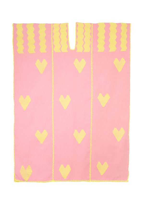 Pippa Holt Kaftan No.406 Three Panel Mini Kaftan In Pastel Pink With Neon Yellow Hearts