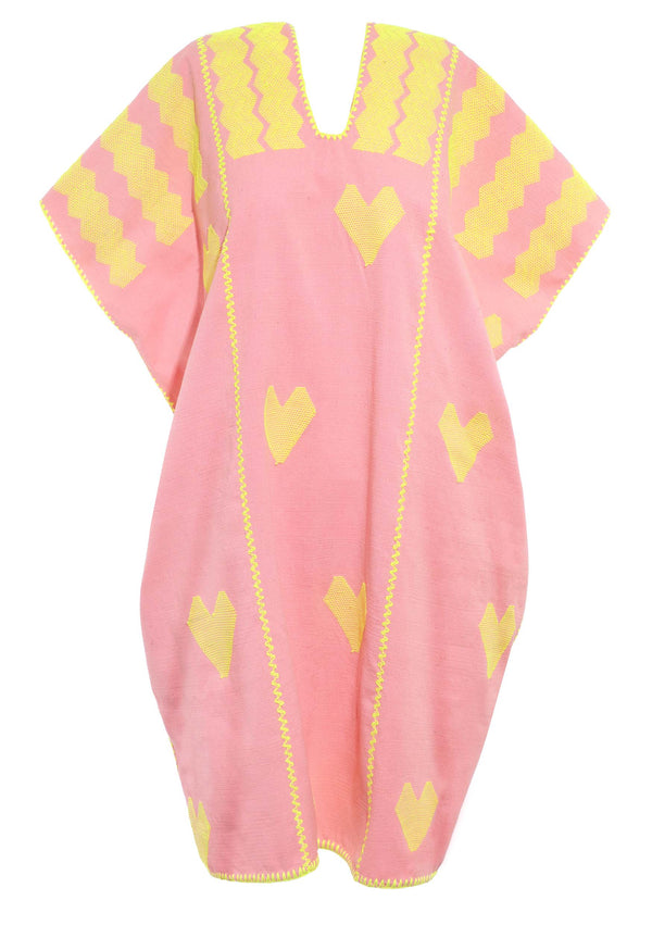 Pippa Holt Kaftan No.406 Three Panel Mini Kaftan In Pastel Pink With Neon Yellow Hearts