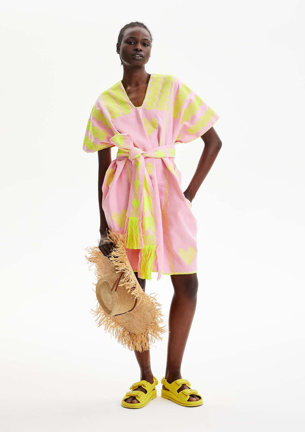 pippa holt Kaftan No.406 Three panel mini kaftan in pastel pink with neon yellow hearts