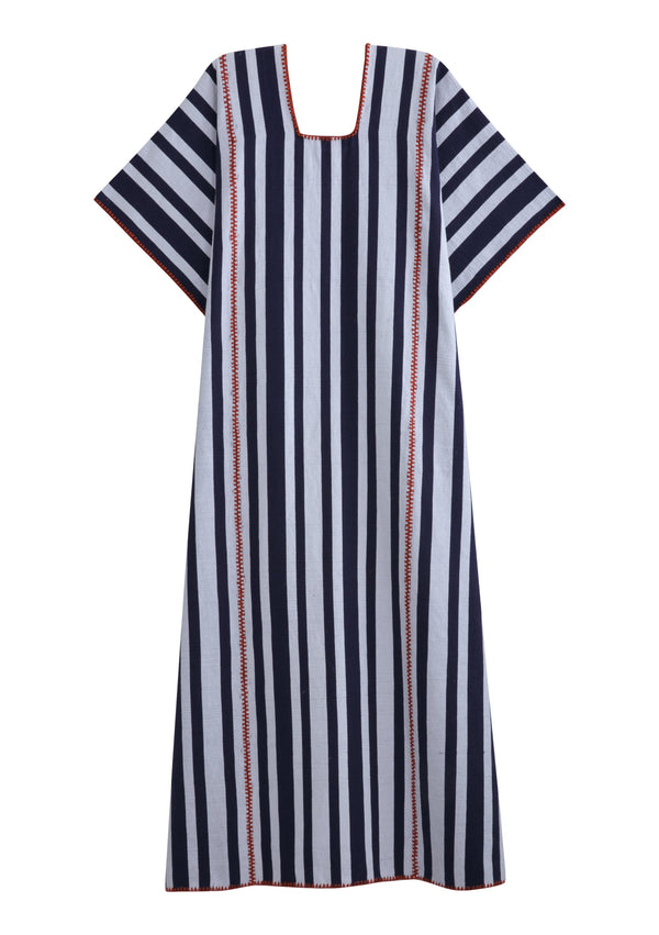 Pippa Holt Kaftan No.408 Three Panel Midi Kaftan In White And Navy Stripes With Red Design