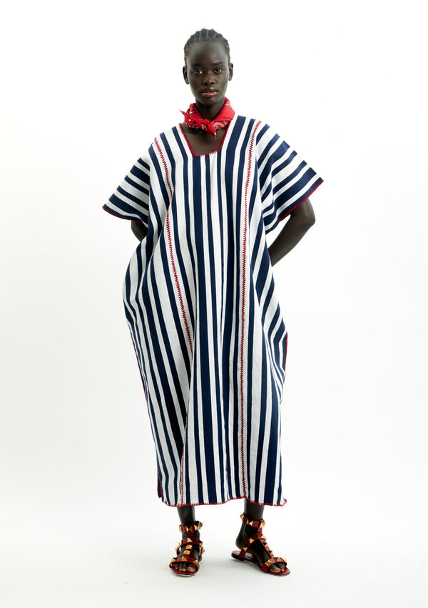 pippa holt Kaftan No.408 Three panel midi kaftan in white and navy stripes with red design