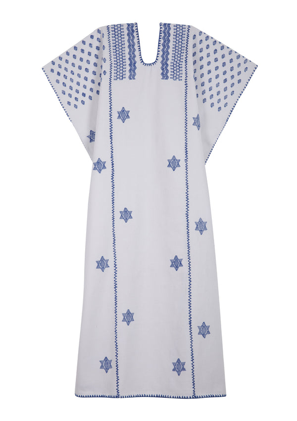 Pippa Holt Kaftan No.409 Three Panel Midi Kaftan In White With Blue Star Design