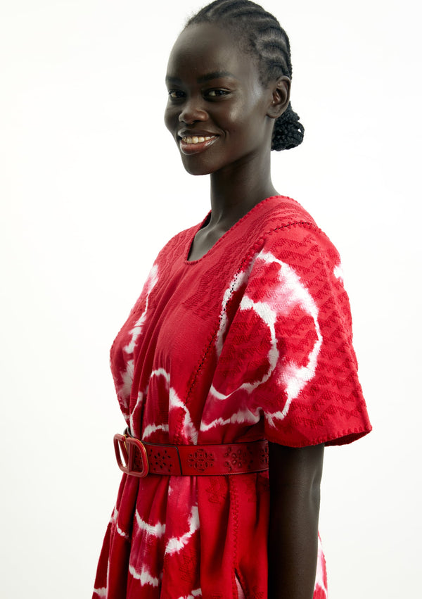 Pippa Holt Kaftan No.411 Three Panel Midi Kaftan In Red And White Tie Dye Design