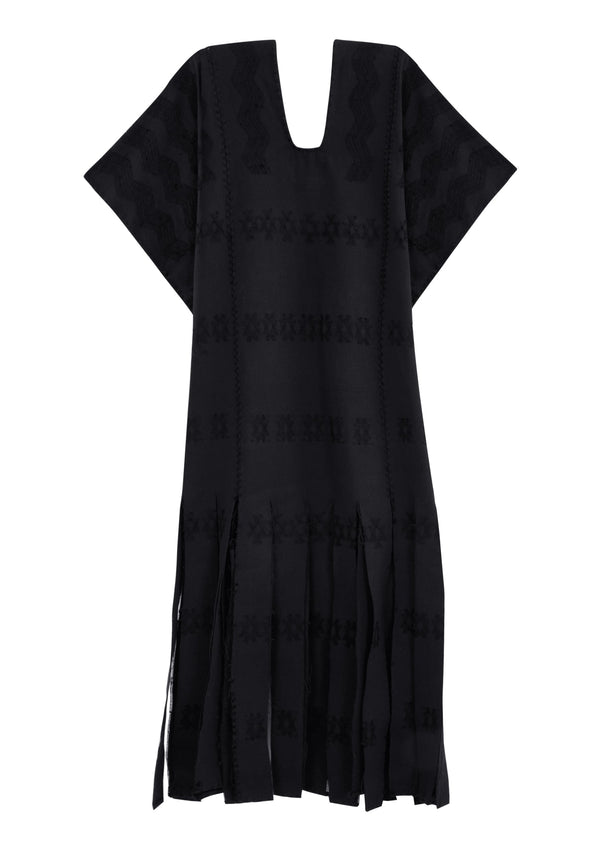 Pippa Holt Kaftan No.416 Three Panel Midi Kaftan In Black With Black Design And Fringed Hem